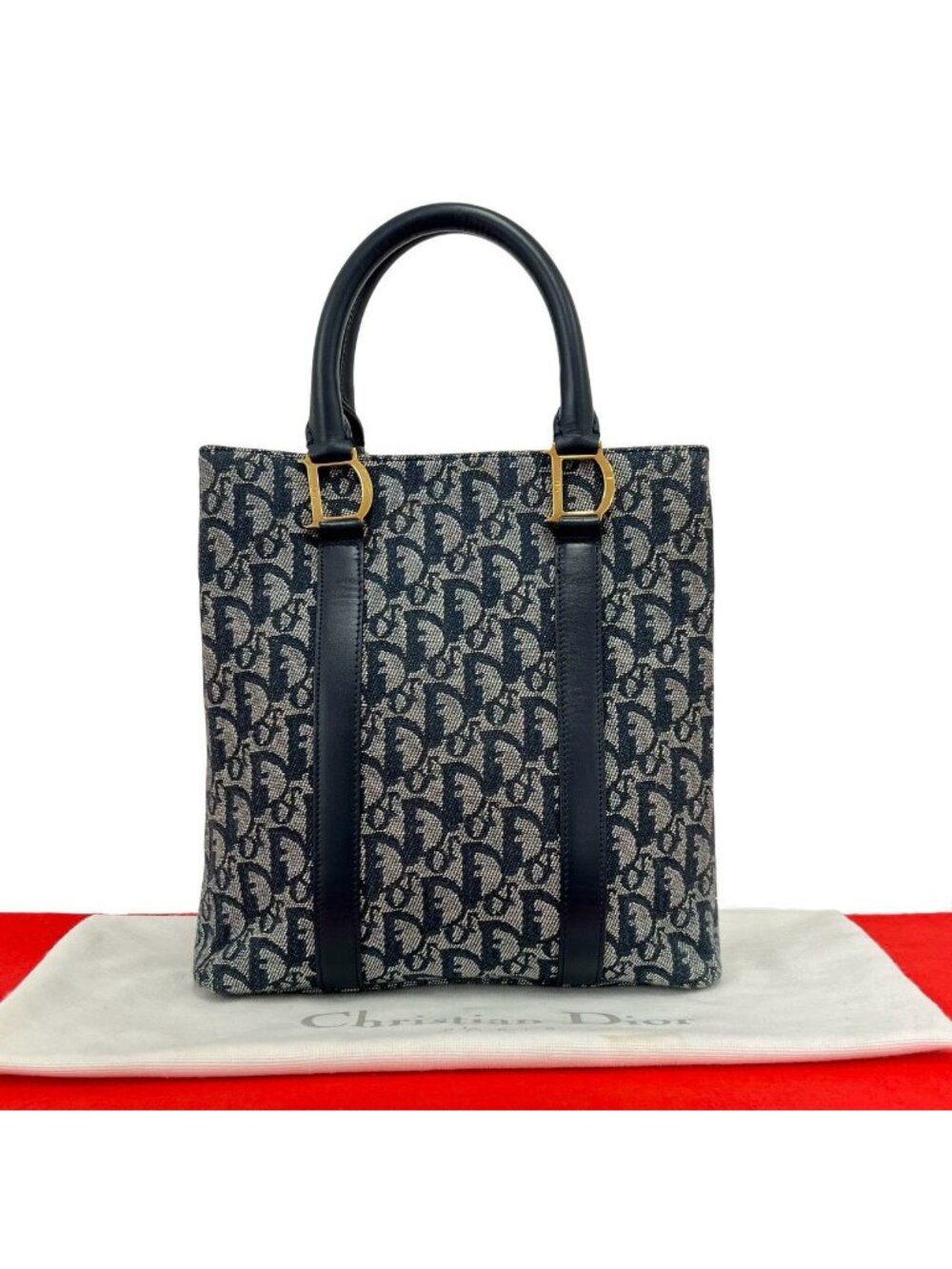 Dior Trotter Pattern Canvas Leather Handbag Mini Tote Navy